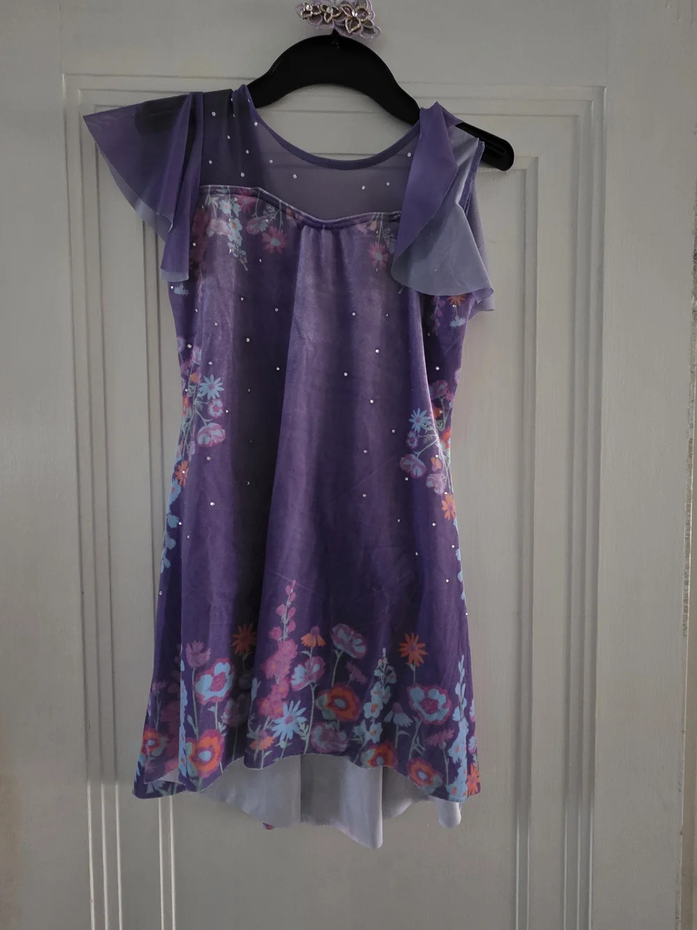 Weissman Purple Floral Dance Dress with Sheer Flutter Sleeves